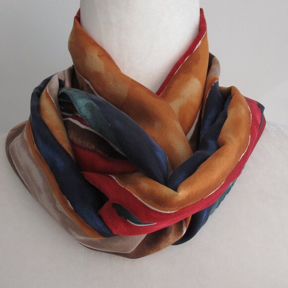 100% Silk Stripe Rectangular Scarf 10" x 54" Multicolor Excellent - Picture 1 of 8